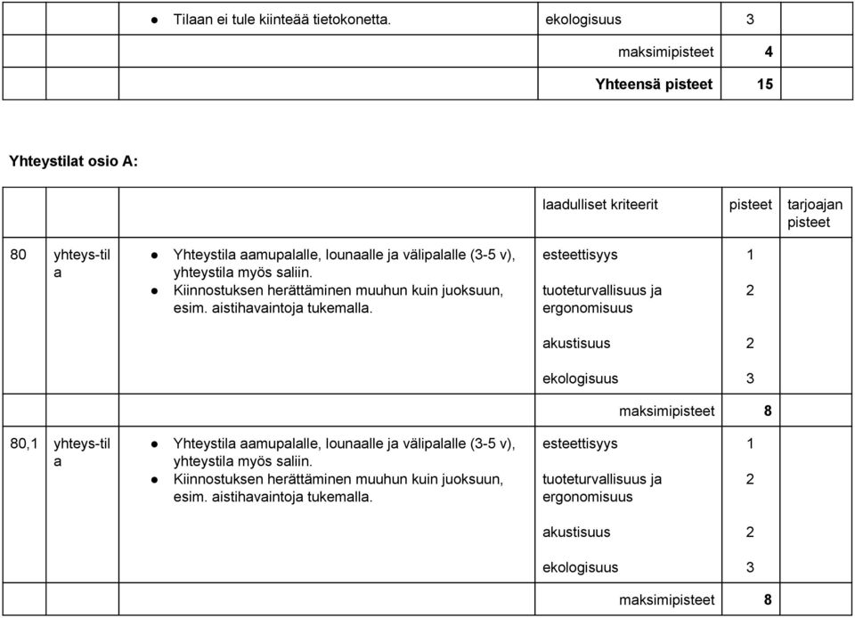 aamupalalle, lounaalle ja välipalalle ( 5 v), yhteystila myös saliin. Kiinnostuksen herättäminen muuhun kuin juoksuun, esim.