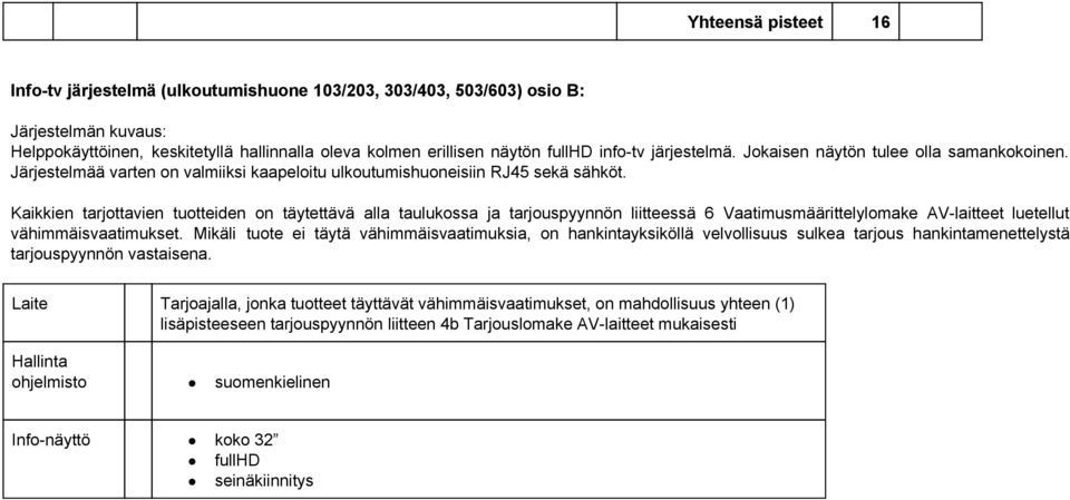 Kaikkien tarjottavien tuotteiden on täytettävä alla taulukossa ja tarjouspyynnön liitteessä 6 Vaatimusmäärittelylomake AV laitteet luetellut vähimmäisvaatimukset.