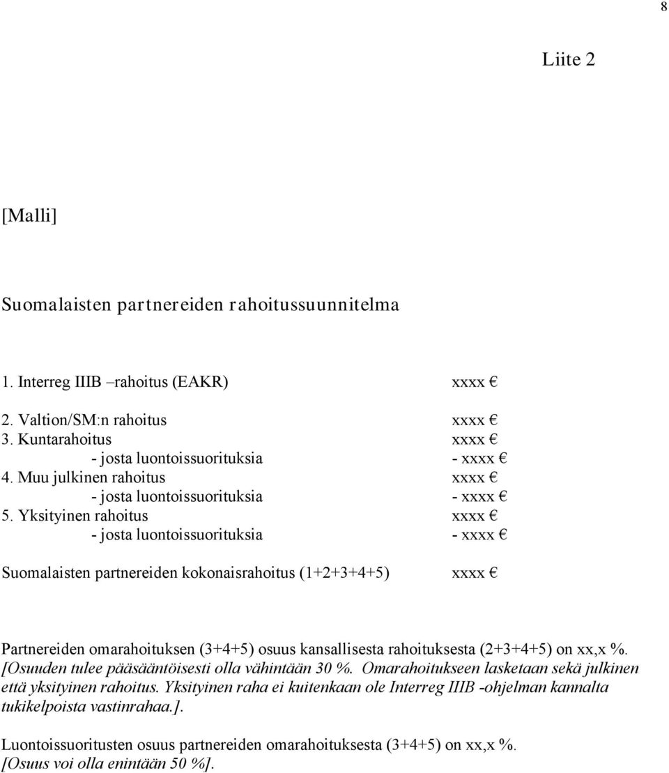 Yksityinen rahoitus xxxx - josta luontoissuorituksia - xxxx Suomalaisten partnereiden kokonaisrahoitus (1+2+3+4+5) xxxx Partnereiden omarahoituksen (3+4+5) osuus kansallisesta rahoituksesta