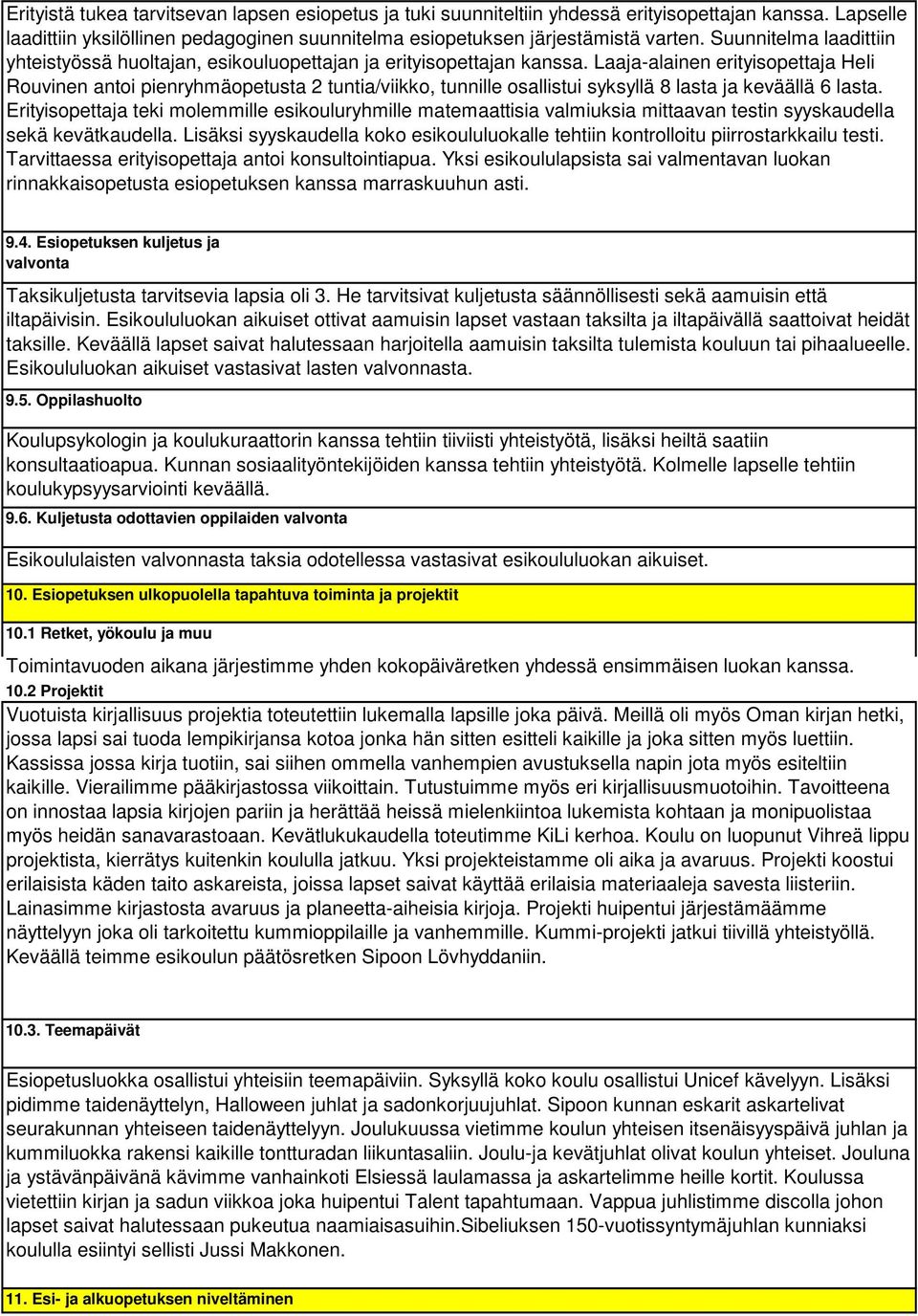 Laaja-alainen erityisopettaja Heli Rouvinen antoi pienryhmäopetusta 2 tuntia/viikko, tunnille osallistui syksyllä 8 lasta ja keväällä 6 lasta.
