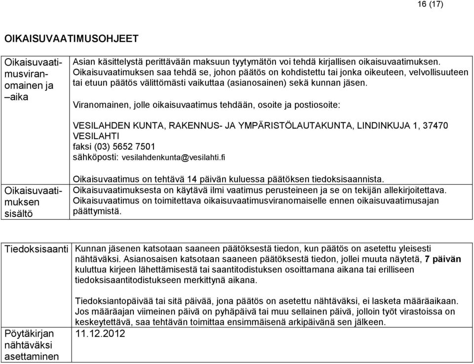 Viranomainen, jolle oikaisuvaatimus tehdään, osoite ja postiosoite: VESILAHDEN KUNTA, RAKENNUS- JA YMPÄRISTÖLAUTAKUNTA, LINDINKUJA 1, 37470 VESILAHTI faksi (03) 5652 7501 sähköposti: