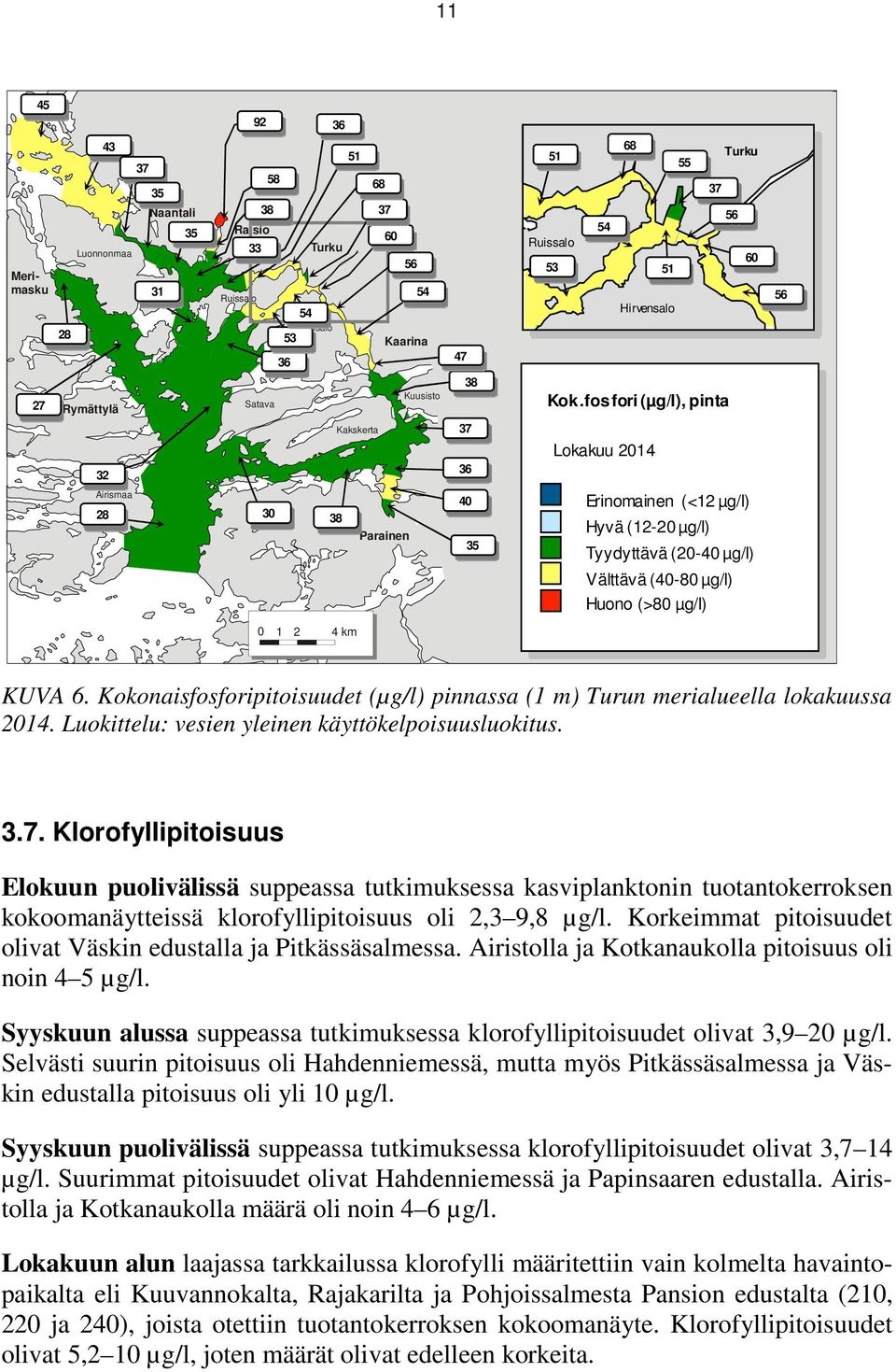 km KUVA 6. Kokonaisfosforipitoisuudet (µg/l) pinnassa (1 m) Turun merialueella lokakuussa 2014. Luokittelu: vesien yleinen käyttökelpoisuusluokitus. 3.7.