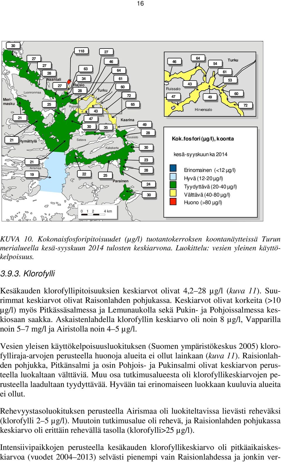 4 km KUVA 10. Kokonaisfosforipitoisuudet (µg/l) tuotantokerroksen koontanäytteissä Turun merialueella kesä-syyskuun 2014 tulosten keskiarvona. Luokittelu: vesien yleinen käyttökelpoisuus. 3.