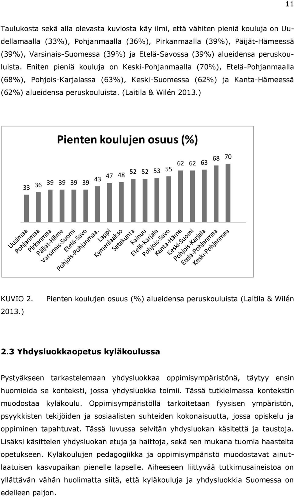 Eniten pieniä kouluja on Keski-Pohjanmaalla (70%), Etelä-Pohjanmaalla (68%), Pohjois-Karjalassa (63%), Keski-Suomessa (62%) ja Kanta-Hämeessä (62%) alueidensa peruskouluista. (Laitila & Wilén 2013.