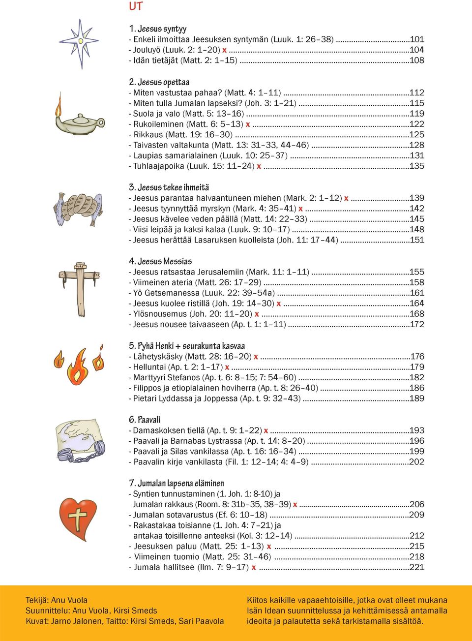 ..125 - Taivasten valtakunta (Matt. 13: 31 33, 44 46)...128 - Laupias samarialainen (Luuk. 10: 25 37)...131 - Tuhlaajapoika (Luuk. 15: 11 24) x...135 3.
