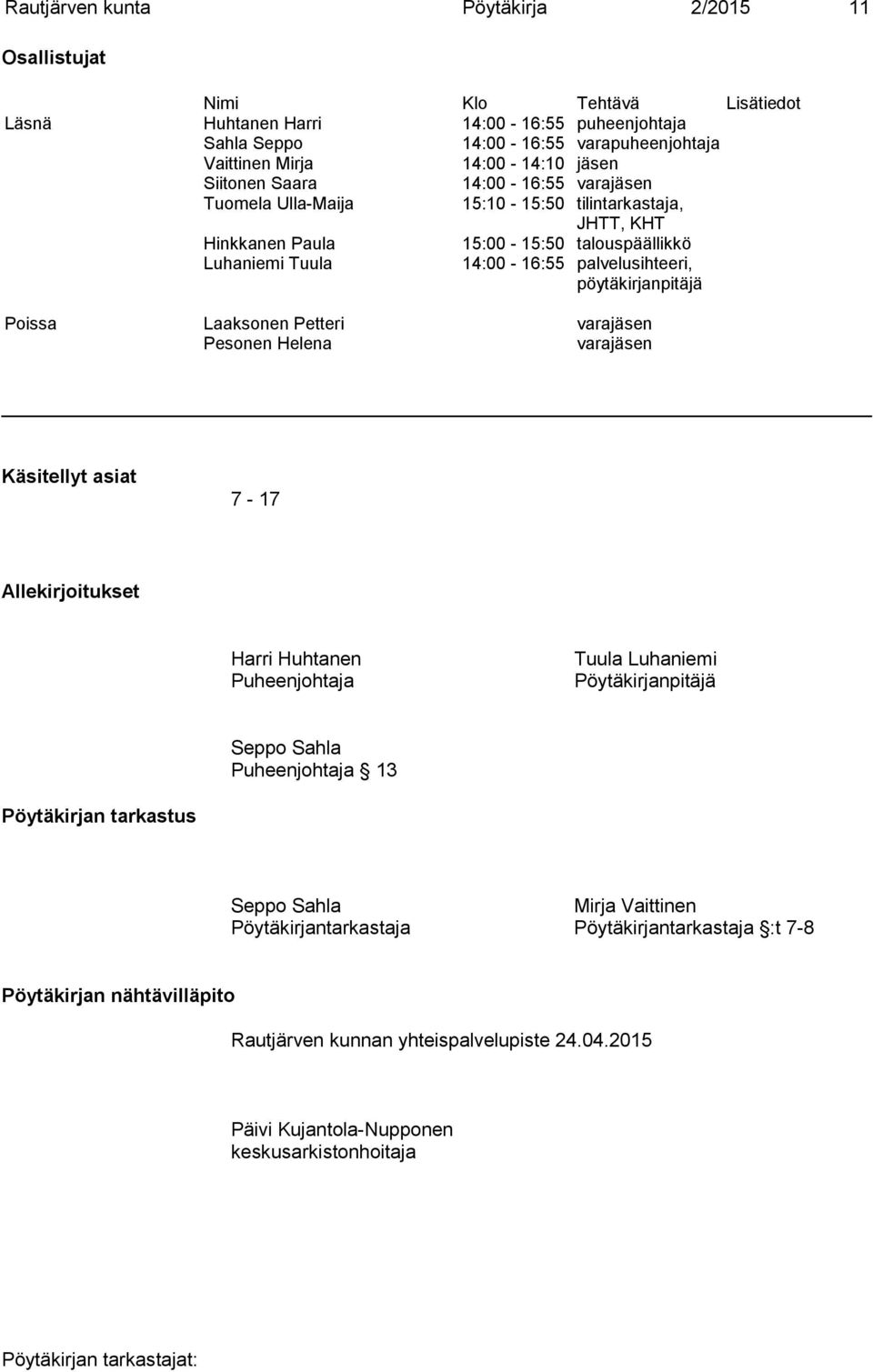 pöytäkirjanpitäjä Poissa Laaksonen Petteri varajäsen Pesonen Helena varajäsen Käsitellyt asiat 7-17 Allekirjoitukset Harri Huhtanen Puheenjohtaja Tuula Luhaniemi Pöytäkirjanpitäjä Seppo Sahla