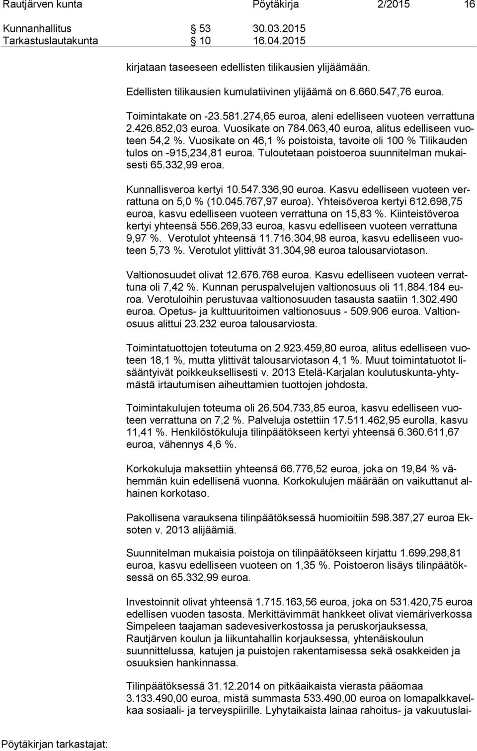 063,40 euroa, alitus edel li seen vuoteen 54,2 %. Vuosikate on 46,1 % poistoista, tavoite oli 100 % Tilikauden tu los on -915,234,81 euroa. Tuloutetaan poistoeroa suunnitelman mu kaises ti 65.
