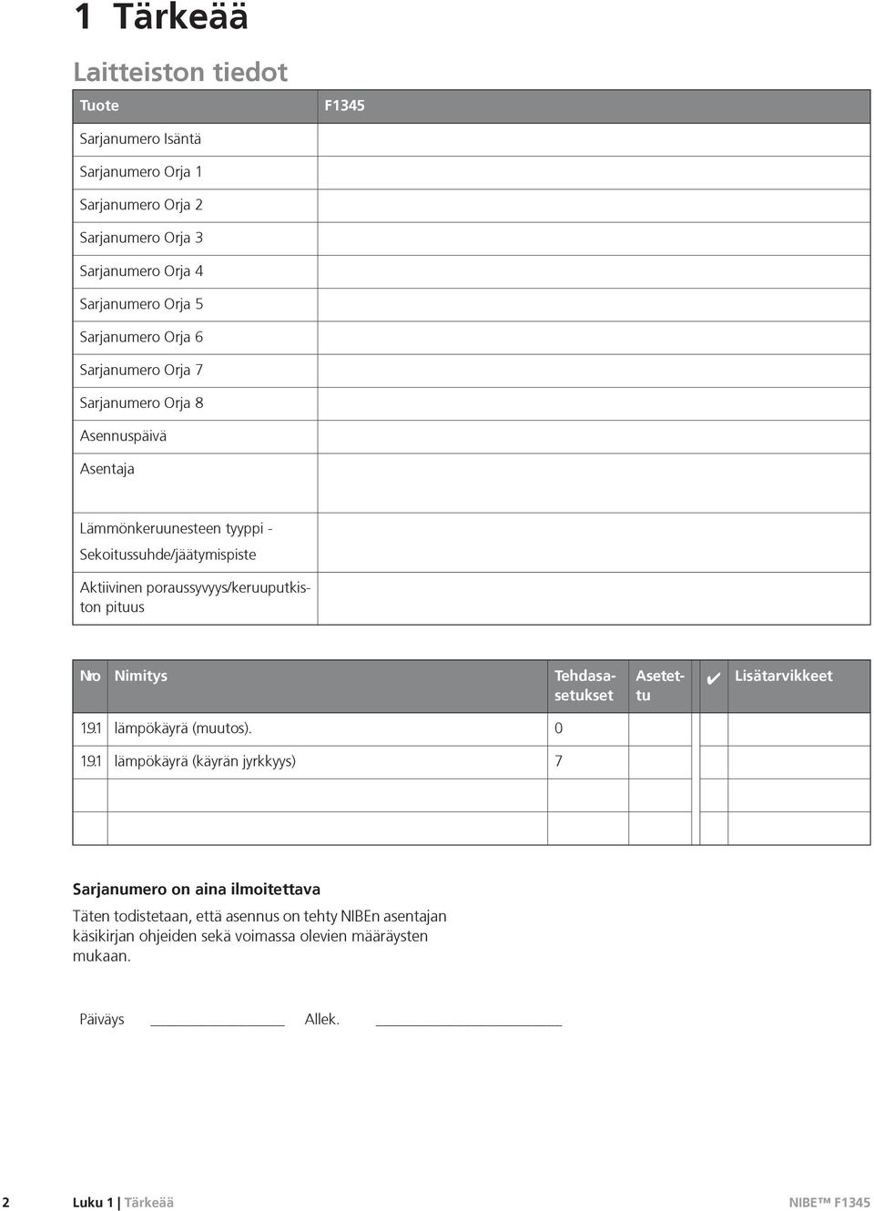 poraussyvyys/keruuputkiston pituus Nro Nimitys Asetettu Tehdasasetukset Lisätarvikkeet 1.9.