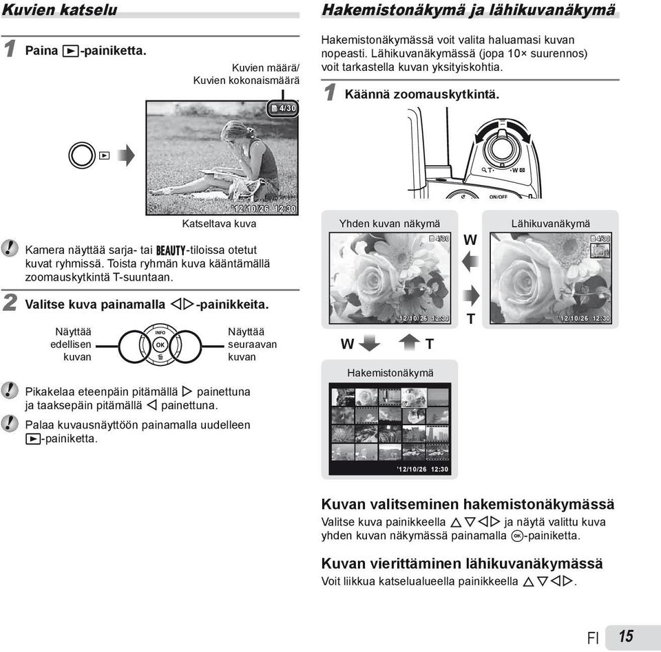 Toista ryhmän kuva kääntämällä zoomauskytkintä T-suuntaan. 2 Valitse kuva painamalla HI-painikkeita.