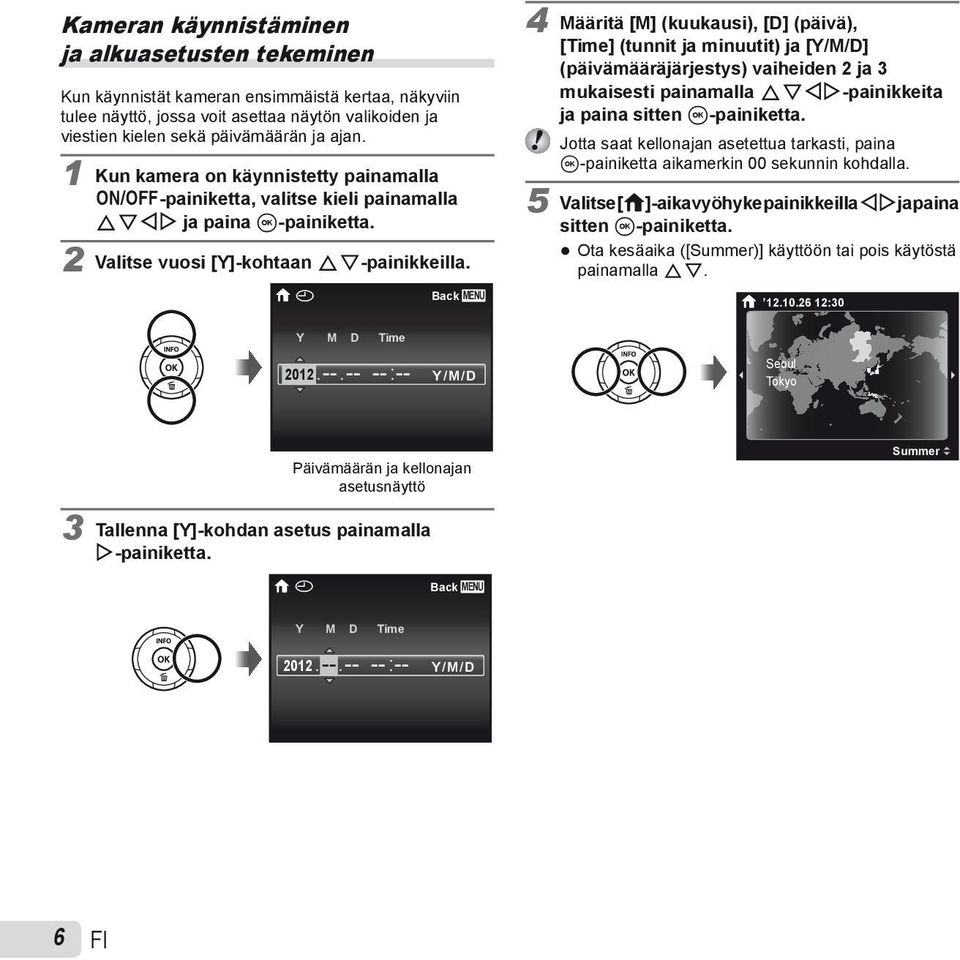 X Back MENU 4 Määritä [M] (kuukausi), [D] (päivä), [Time] (tunnit ja minuutit) ja [Y/M/D] (päivämääräjärjestys) vaiheiden 2 ja 3 mukaisesti painamalla FGHI-painikkeita ja paina sitten A-painiketta.