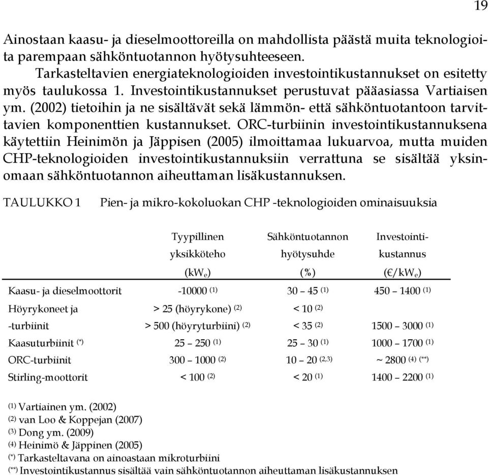 (2002) tietoihin ja ne sisältävät sekä lämmön- että sähköntuotantoon tarvittavien komponenttien kustannukset.