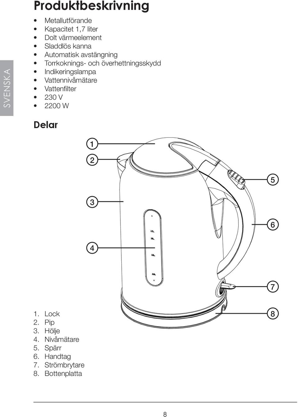 Indikeringslampa Vattennivåmätare Vattenfilter 230 V 2200 W Delar 1 2 5 3 6 4 7 1.