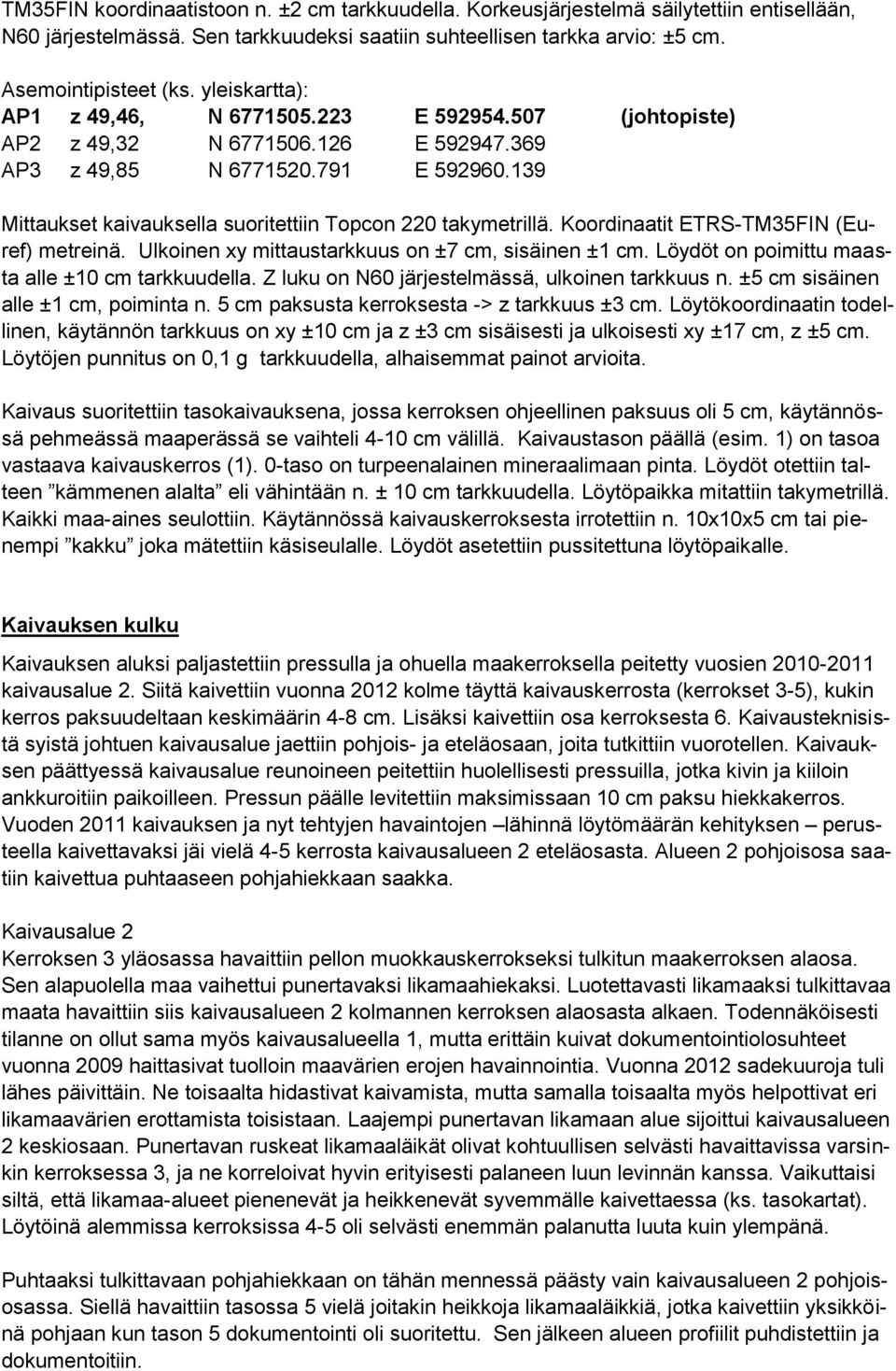 139 Mittaukset kaivauksella suoritettiin Topcon 220 takymetrillä. Koordinaatit ETRS-TM35FIN (Euref) metreinä. Ulkoinen xy mittaustarkkuus on ±7 cm, sisäinen ±1 cm.