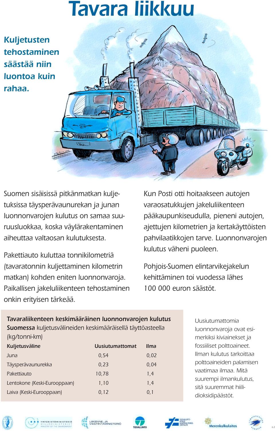 Pakettiauto kuluttaa tonnikilometriä (tavaratonnin kuljettaminen kilometrin matkan) kohden eniten luonnonvaroja. Paikallisen jakeluliikenteen tehostaminen onkin erityisen tärkeää.