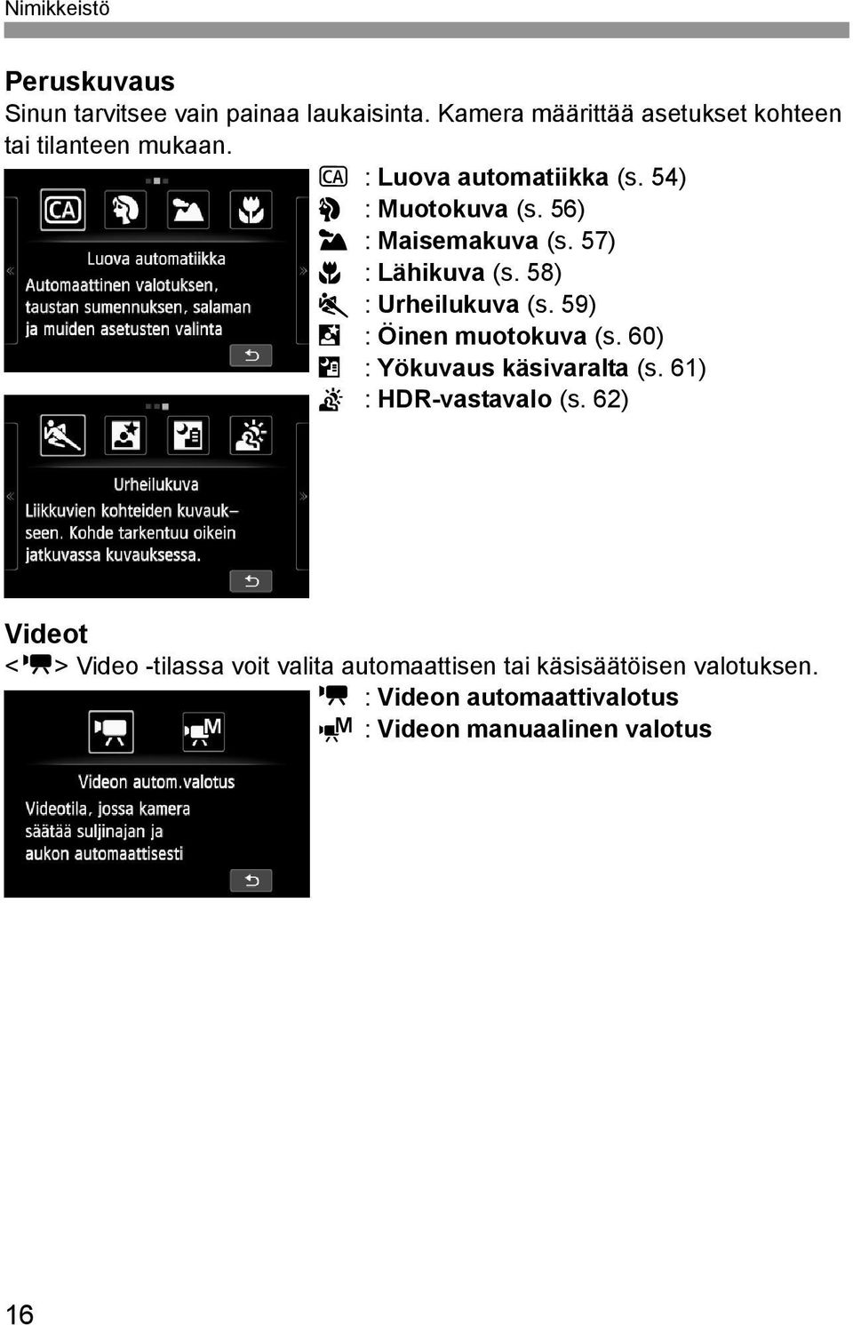 56) 3 : Maisemakuva (s. 57) 4 : Lähikuva (s. 58) 5 : Urheilukuva (s. 59) 6 : Öinen muotokuva (s.