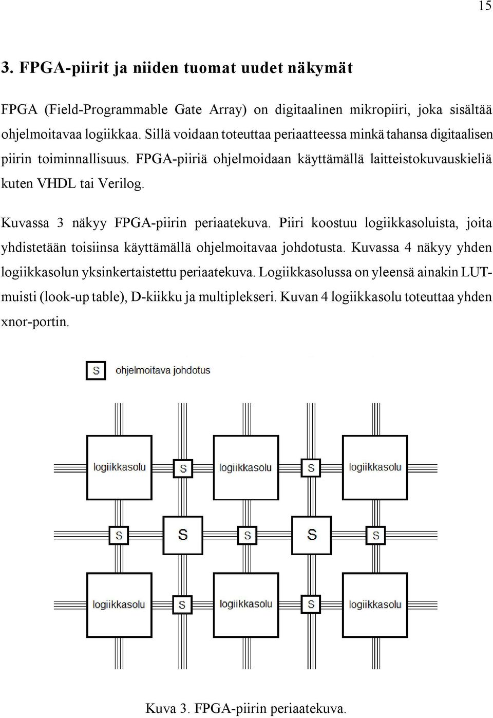 Kuvassa 3 näkyy FPGA-piirin periaatekuva. Piiri koostuu logiikkasoluista, joita yhdistetään toisiinsa käyttämällä ohjelmoitavaa johdotusta.