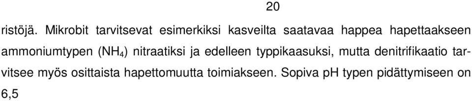 toimiakseen. Sopiva ph typen pidättymiseen on 6,5 8,0. (Denitrifikaatio2010; Typenpoistomenetelmät 2011; Gran ym. 2001, 9; Jormola ym. 2007, 13 14.) 4.