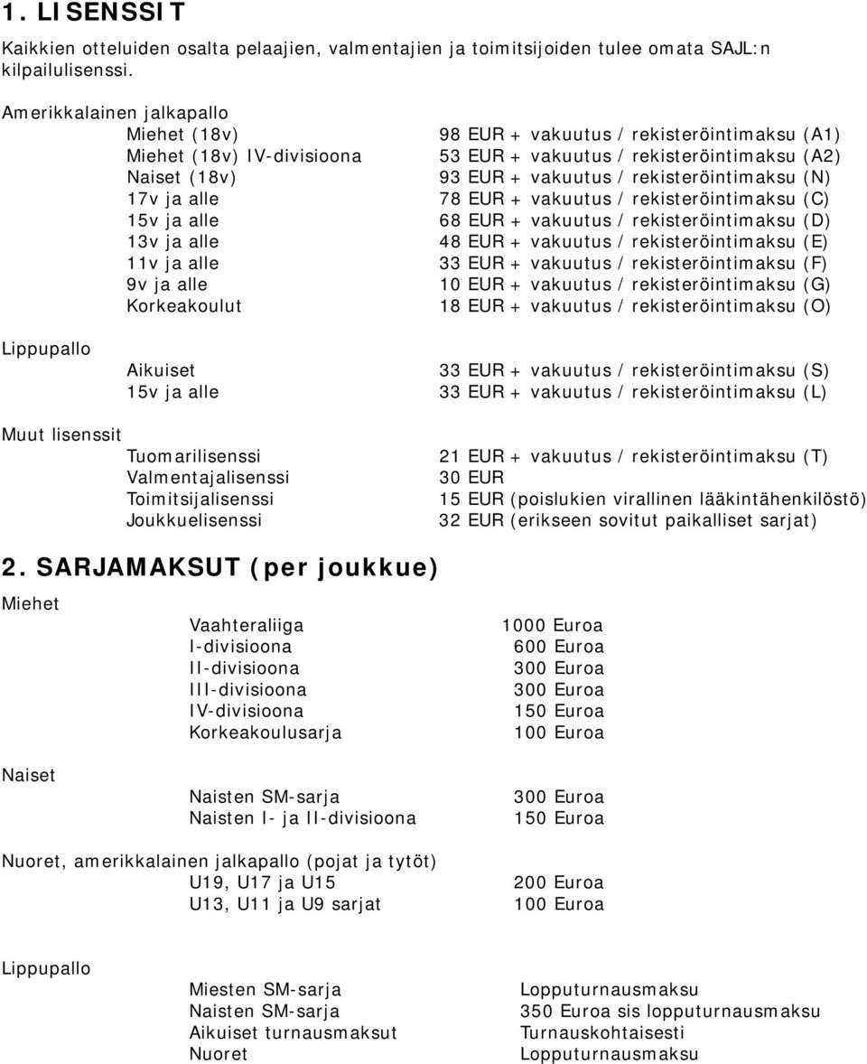 EUR + vakuutus / rekisteröintimaksu (A2) 93 EUR + vakuutus / rekisteröintimaksu (N) 78 EUR + vakuutus / rekisteröintimaksu (C) 68 EUR + vakuutus / rekisteröintimaksu (D) 48 EUR + vakuutus /