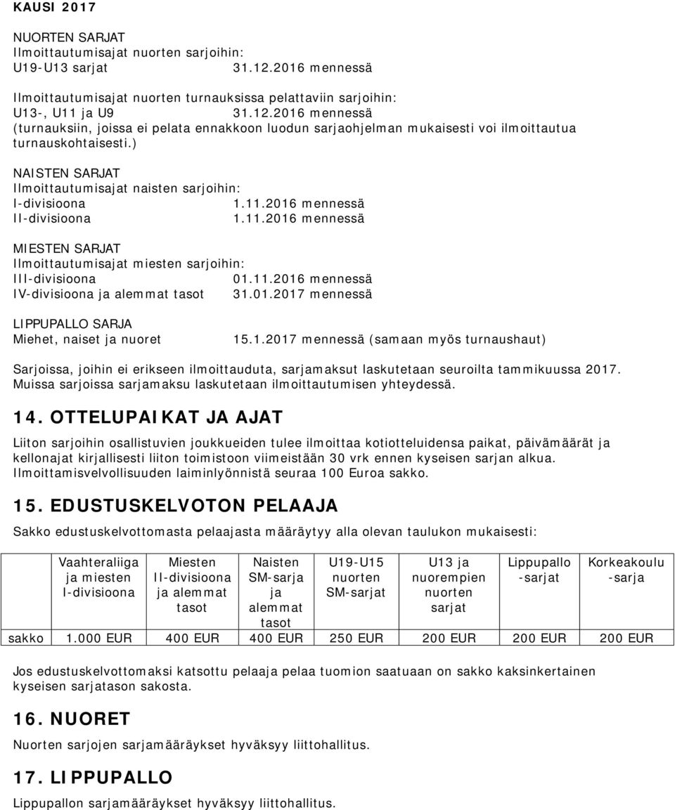 2016 mennessä (turnauksiin, joissa ei pelata ennakkoon luodun sarjaohjelman mukaisesti voi ilmoittautua turnauskohtaisesti.) NAISTEN SARJAT Ilmoittautumisajat naisten sarjoihin: I-divisioona 1.11.