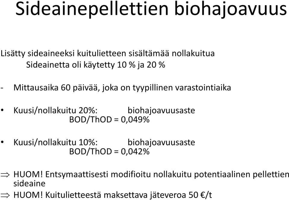 biohajoavuusaste BOD/ThOD = 0,049% Kuusi/nollakuitu 10%: biohajoavuusaste BOD/ThOD = 0,042% HUOM!