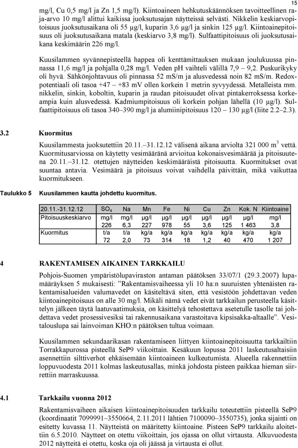 Sulfaattipitoisuus oli juoksutusaikana keskimäärin 226 mg/l. Kuusilammen syvännepisteellä happea oli kenttämittauksen mukaan joulukuussa pinnassa 11,6 mg/l ja pohjalla 0,28 mg/l.