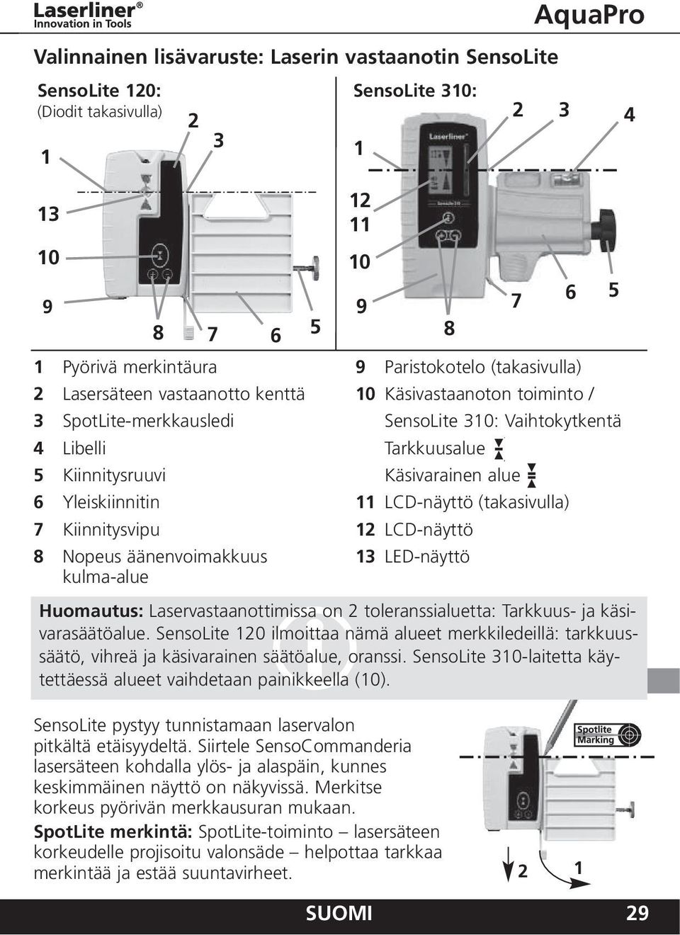 Käsvaranen alue 11 LCD-näyttö (takasvulla) 12 LCD-näyttö 13 LED-näyttö 2 3 Huomautus: Laservastaanottmssa on 2 toleranssaluetta: Tarkkuus- ja käsvarasäätöalue.