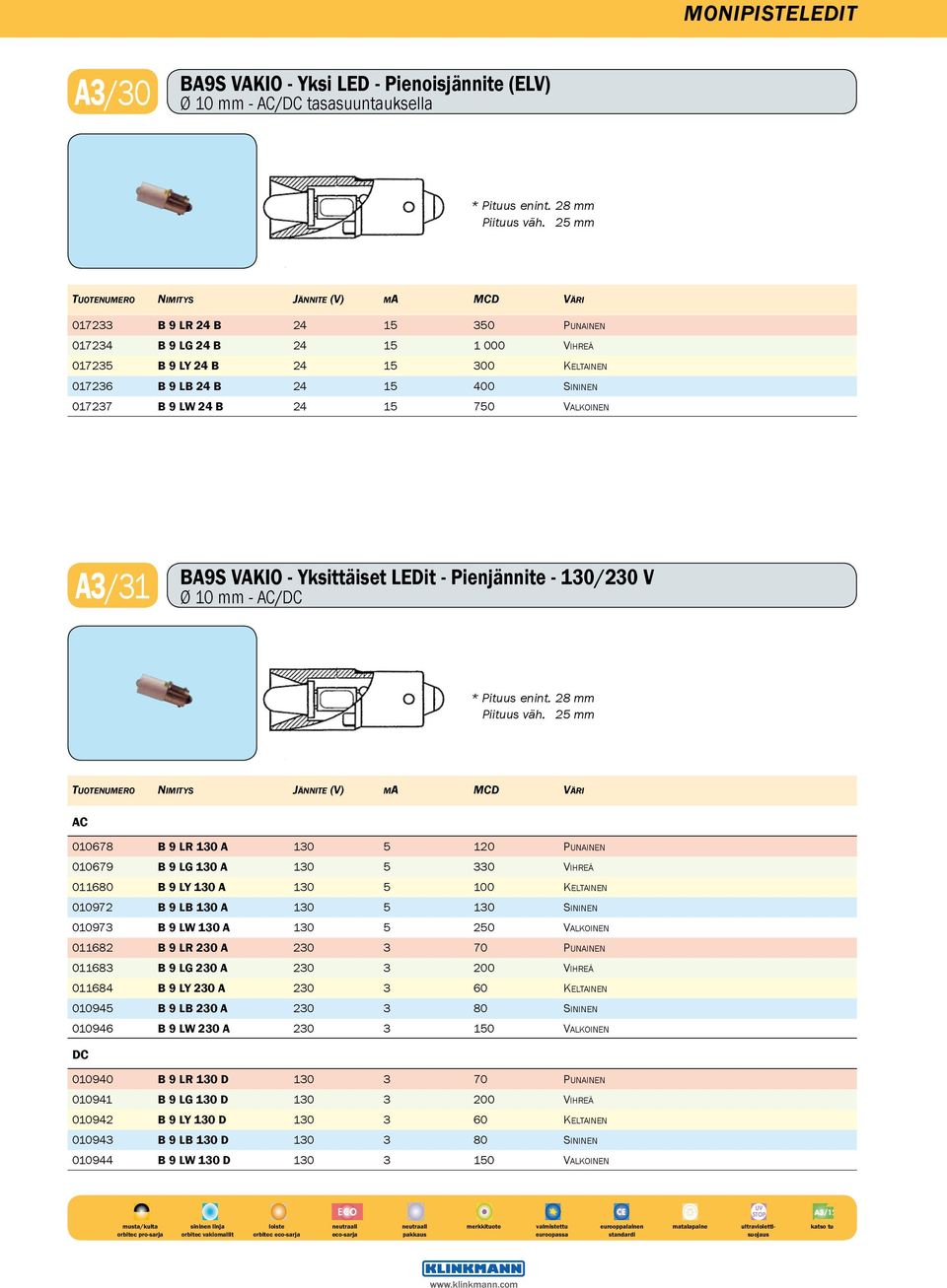 Sininen 017237 B 9 LW 24 B 24 15 750 Valkoinen A3/31 BA9S VAKIO - Yksittäiset LEDit - Pienjännite - 130/230 V Ø 10 mm - AC/DC * Pituus enint. 28 mm Piituus väh.