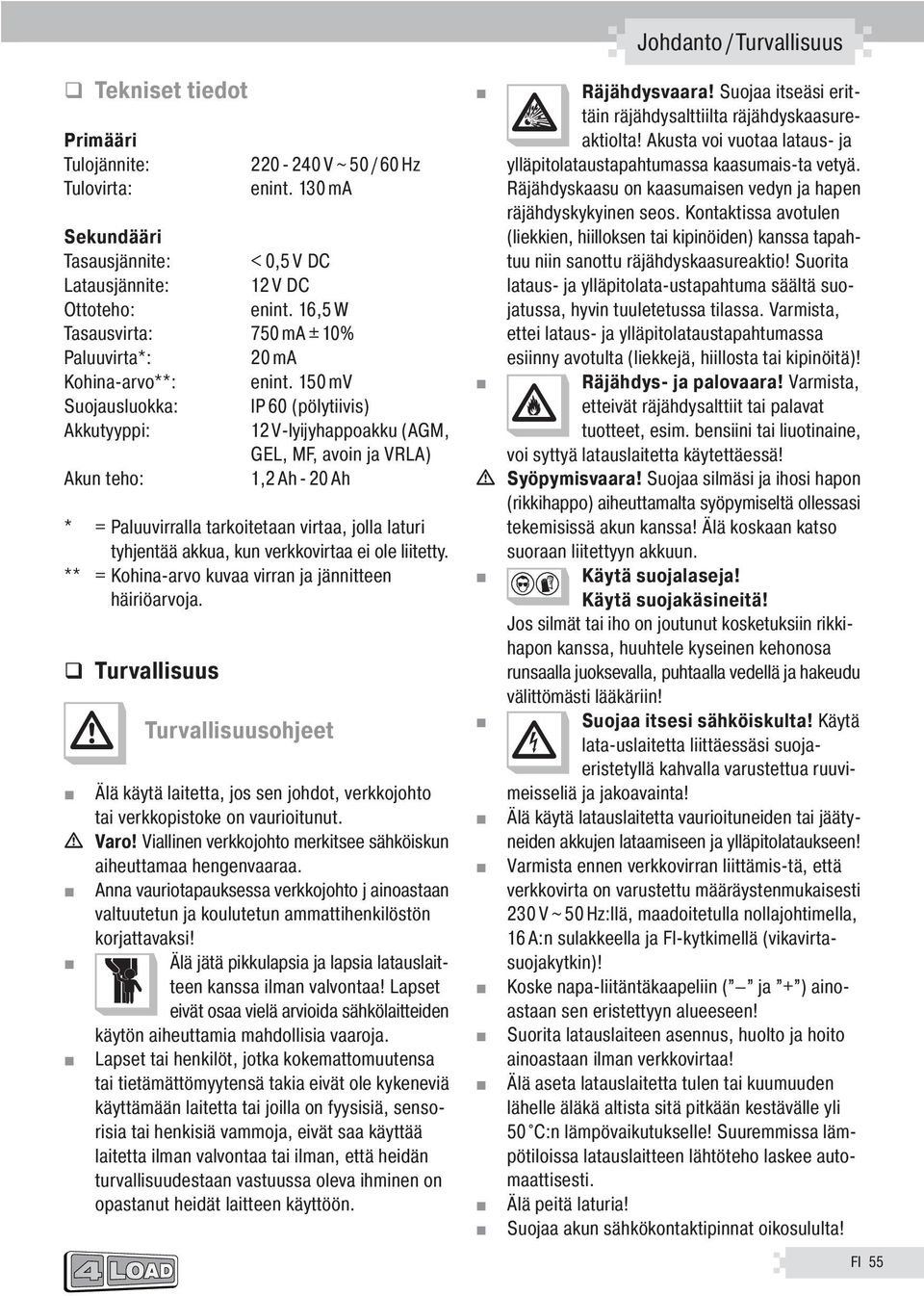 150 mv Suojausluokka: IP 60 (pölytiivis) Akkutyyppi: 12 V-lyijyhappoakku (AGM, GEL, MF, avoin ja VRLA) Akun teho: 1,2 Ah - 20 Ah * = Paluuvirralla tarkoitetaan virtaa, jolla laturi tyhjentää akkua,