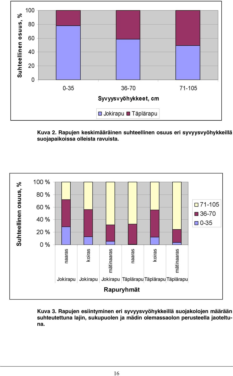 Suhteellinen osuus, % 100 % 80 % 60 % 40 % 20 % 0 % 71-105 36-70 0-35 naaras koiras mätinaaras naaras koiras mätinaaras Jokirapu