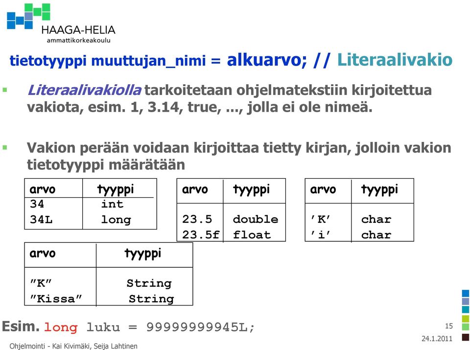 Vakion perään voidaan kirjoittaa tietty kirjan, jolloin vakion tietotyyppi määrätään arvo tyyppi 34 int 34L long