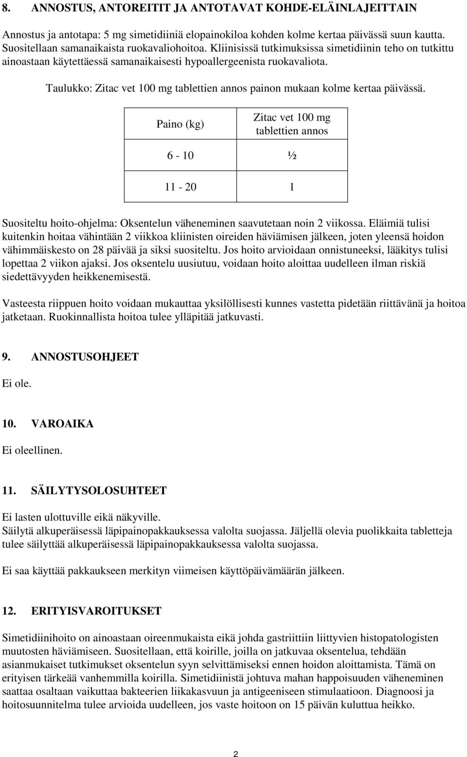 Taulukko: Zitac vet 100 mg tablettien annos painon mukaan kolme kertaa päivässä.