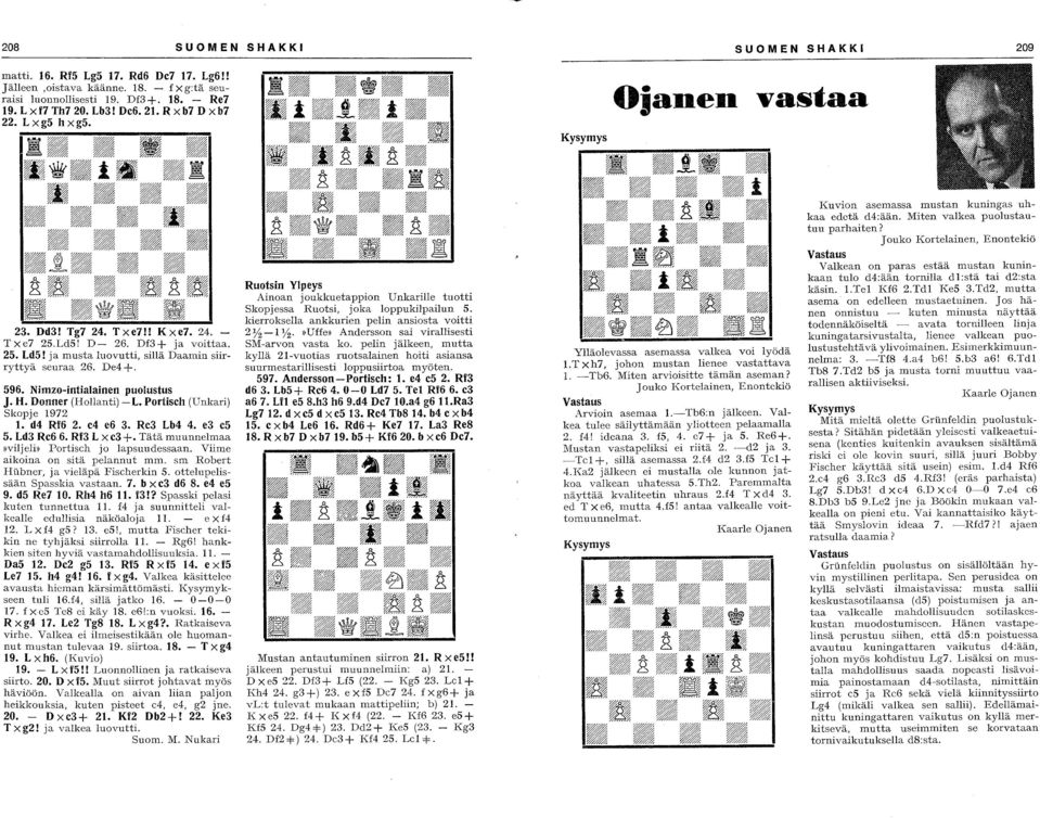 D - 26. Df3 + ja v?ithta. 25. Ld5! ja musta luovutti, sillä Daam1l1 snrryttyä seuraa 26. De4 +. 596. Nimzo-intialainen puolustus. J. H. Donner (Hollanti) -L. Portisch (Unkan) Skopje 1972 1. d4 Rf6 2.