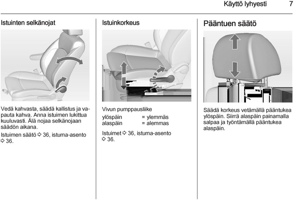 Istuimen säätö 3 36, istuma-asento 3 36.