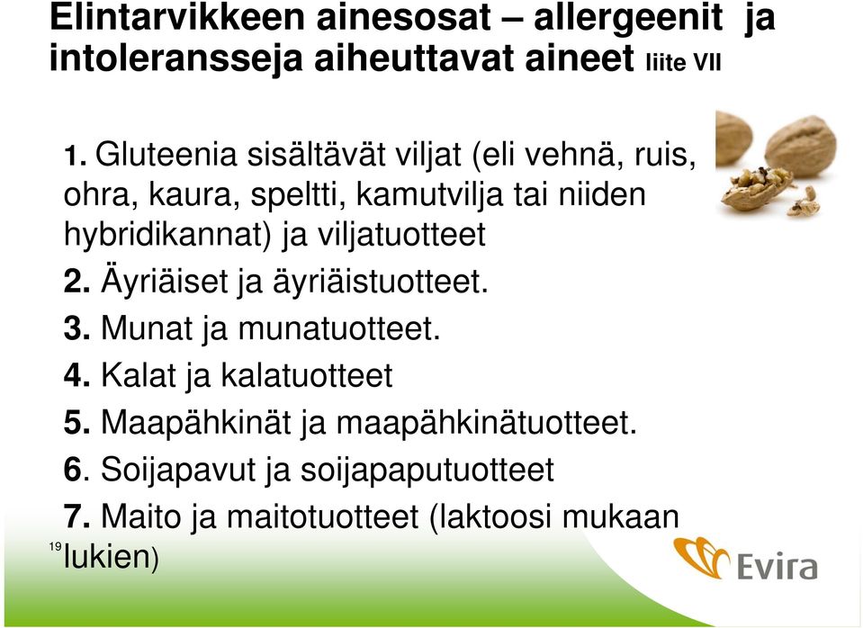 ja viljatuotteet 2. Äyriäiset ja äyriäistuotteet. 3. Munat ja munatuotteet. 4. Kalat ja kalatuotteet 5.