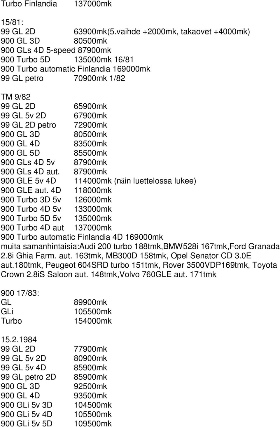 GL 5v 2D 67900mk 99 GL 2D petro 72900mk 900 GL 3D 80500mk 900 GL 4D 83500mk 900 GL 5D 85500mk 900 GLs 4D 5v 87900mk 900 GLs 4D aut. 87900mk 900 GLE 5v 4D 114000mk (näin luettelossa lukee) 900 GLE aut.