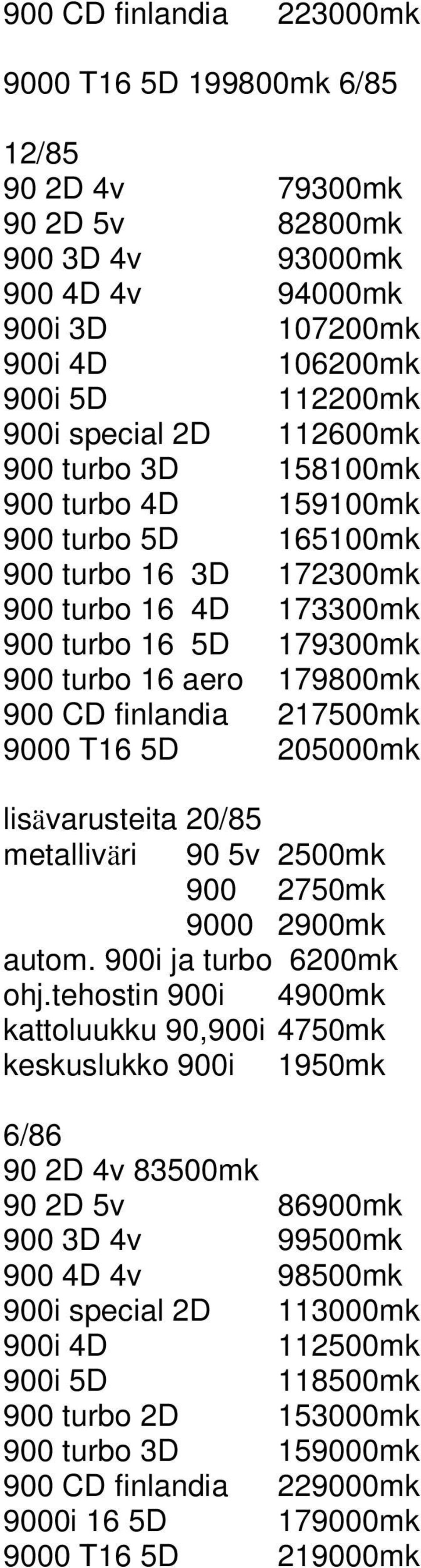217500mk 9000 T16 5D 205000mk lisävarusteita 20/85 metalliväri 90 5v 2500mk 900 2750mk 9000 2900mk autom. 900i ja turbo 6200mk ohj.