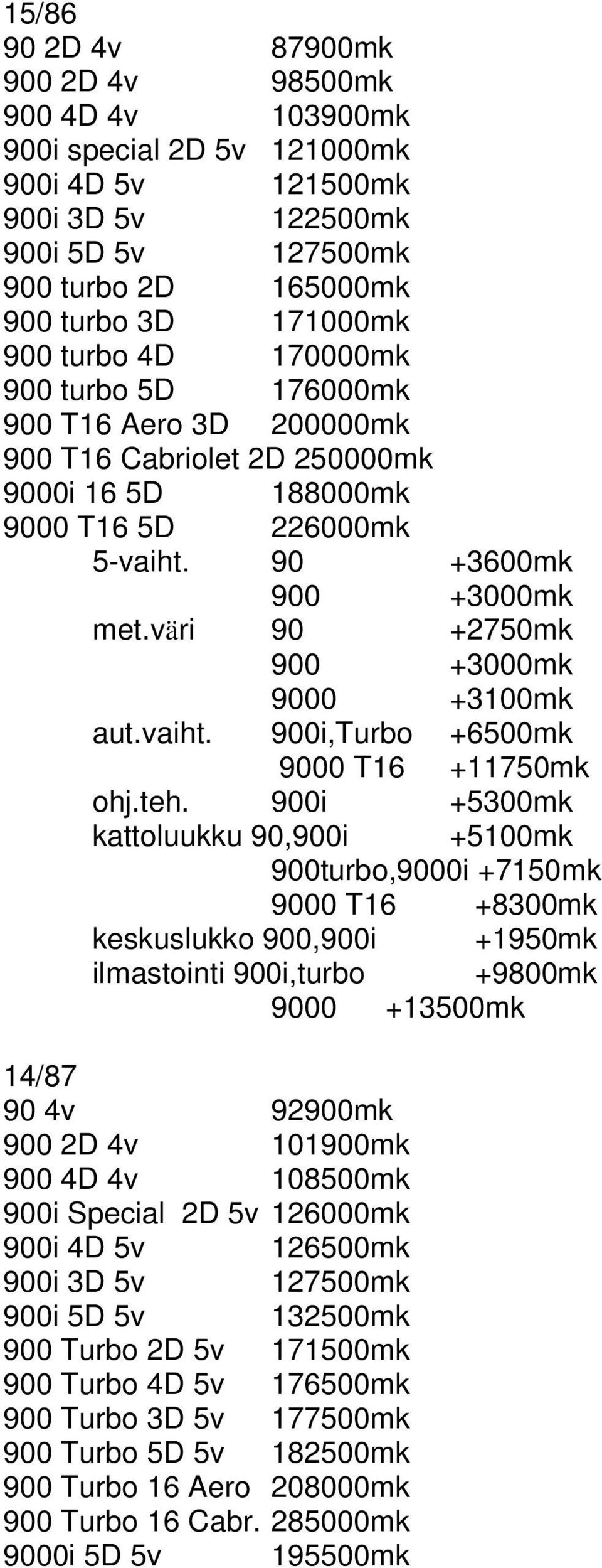 väri 90 +2750mk 900 +3000mk 9000 +3100mk aut.vaiht. 900i,Turbo +6500mk 9000 T16 +11750mk ohj.teh.