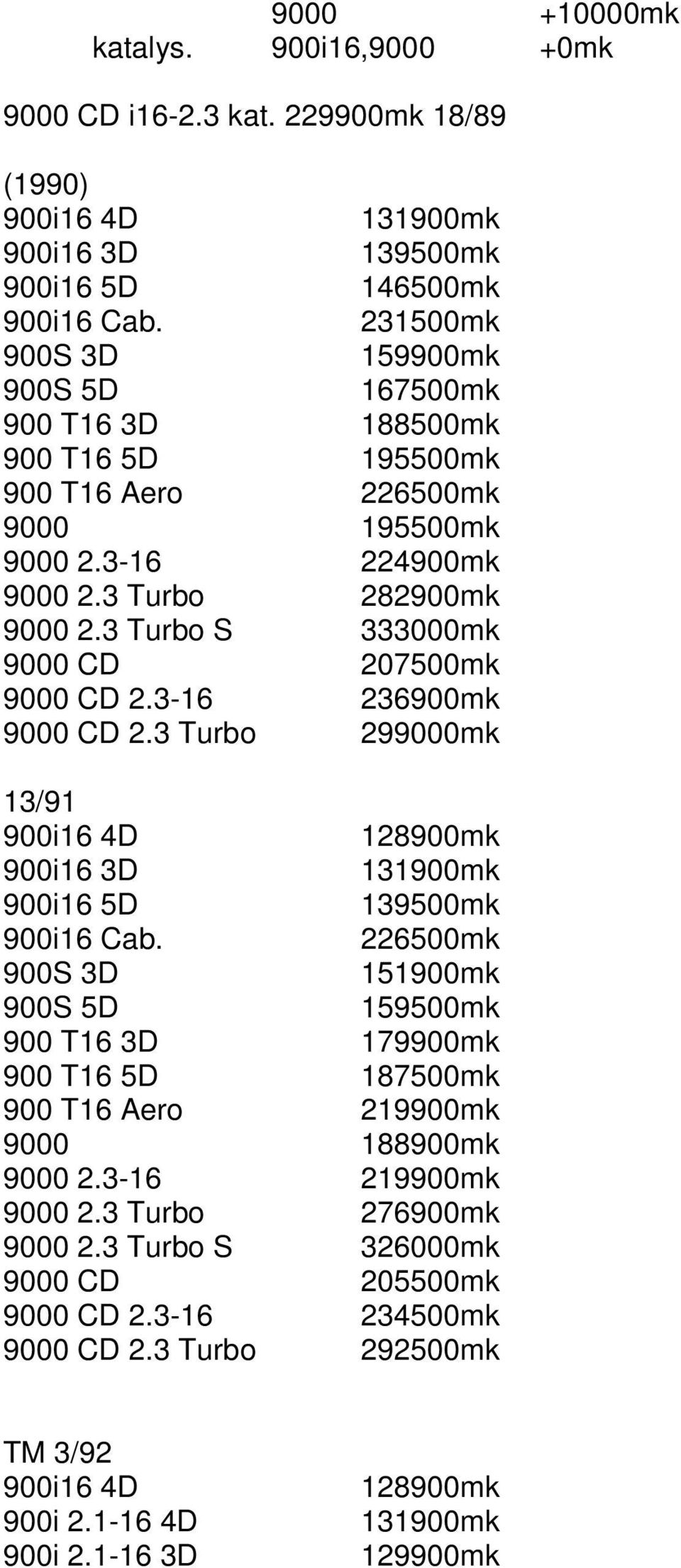3 Turbo S 333000mk 9000 CD 207500mk 9000 CD 2.3-16 236900mk 9000 CD 2.3 Turbo 299000mk 13/91 900i16 4D 128900mk 900i16 3D 131900mk 900i16 5D 139500mk 900i16 Cab.