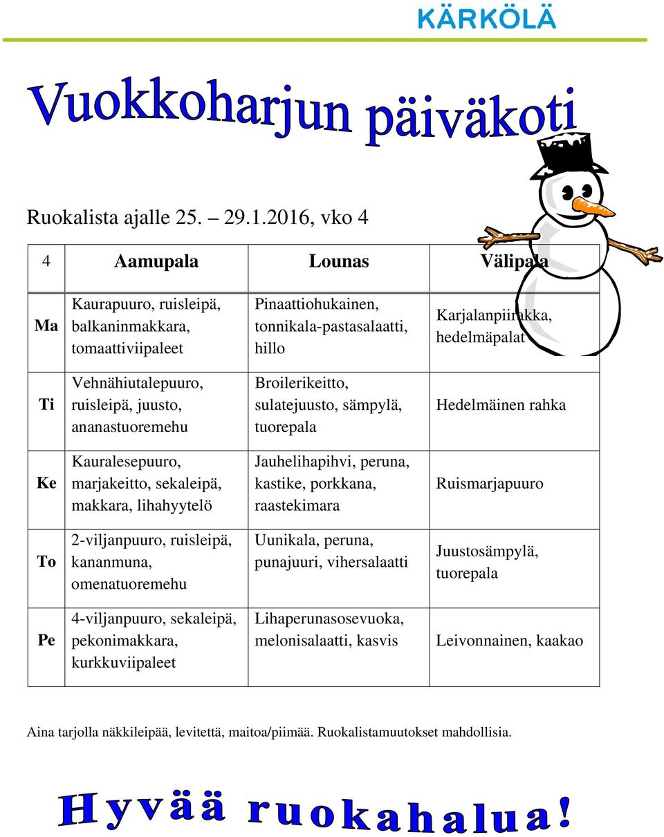 Ti Vehnähiutalepuuro, ruis,, ananastuoremehu Broilerikeitto, sulate, sämpylä, Hedelmäinen rahka Ke Kauralesepuuro, marjakeitto, seka, makkara, lihahyytelö