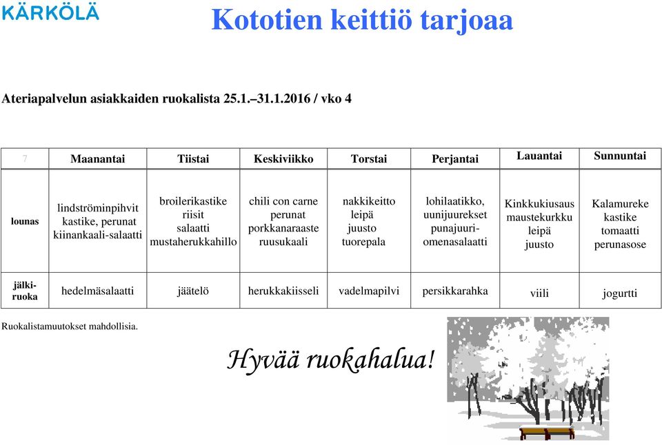 kiinankaali- nakkikeitto lohilaatikko, punajuuriomena Kinkkukiusaus maustekurkku Kalamureke