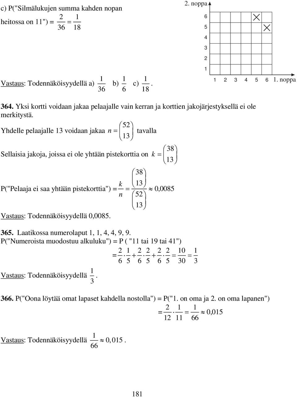 F Yhdelle pelaajalle 3 voidaa jakaa = H G I K J tavalla 3 F Sellaisia jakoja, joissa ei ole yhtää pistekorttia o k = H G 38I K J 3 F38 P("Pelaaja ei saa yhtää pistekorttia") = H G