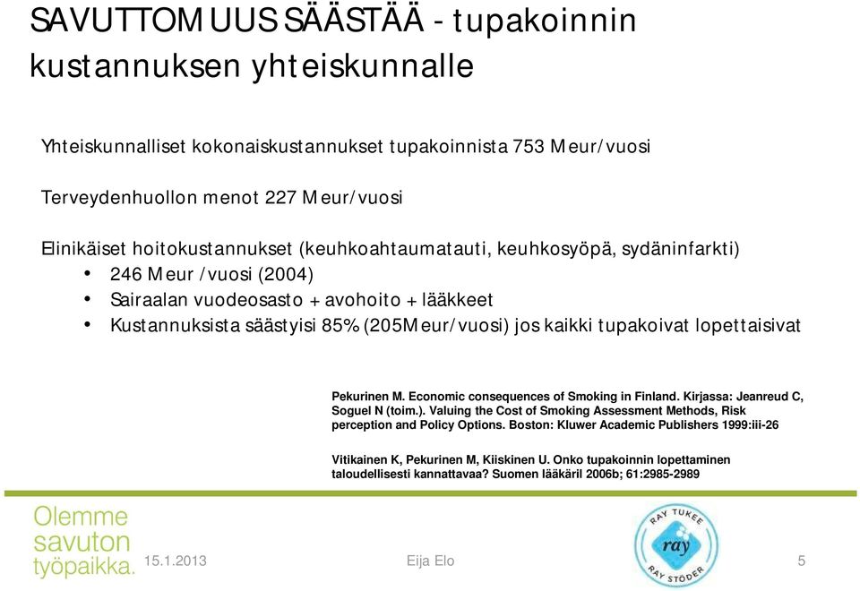 tupakoivat lopettaisivat Pekurinen M. Economic consequences of Smoking in Finland. Kirjassa: Jeanreud C, Soguel N (toim.).