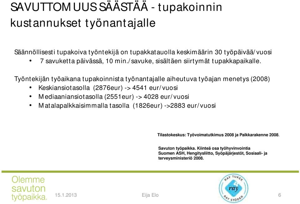 Työntekijän työaikana tupakoinnista työnantajalle aiheutuva työajan menetys (2008) Keskiansiotasolla (2876eur) -> 4541 eur/vuosi Mediaaniansiotasolla (2551eur) ->