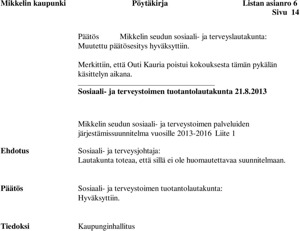 2013 Mikkelin seudun sosiaali- ja terveystoimen palveluiden järjestämissuunnitelma vuosille 2013-2016 Liite 1 Ehdotus Sosiaali- ja terveysjohtaja: