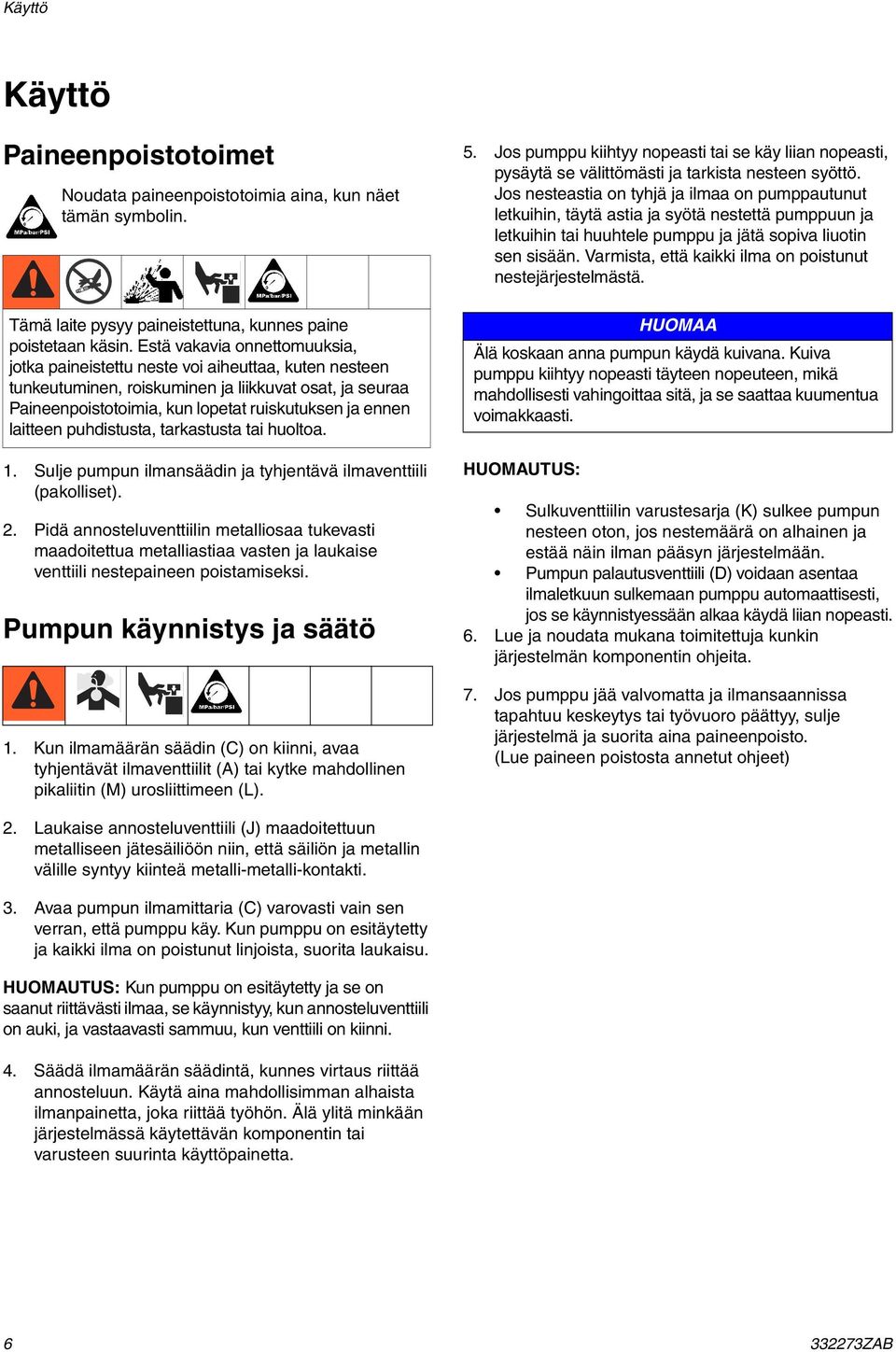 laitteen puhdistusta, tarkastusta tai huoltoa. 1. Sulje pumpun ilmansäädin ja tyhjentävä ilmaventtiili (pakolliset). 2.