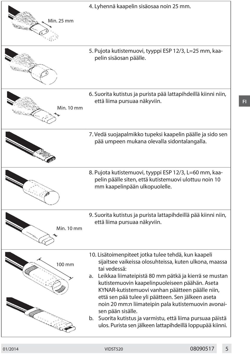 Pujota kutistemuovi, tyyppi ESP 12/3, L=60 mm, kaapelin päälle siten, että kutistemuovi ulottuu noin 10 mm kaapelinpään ulkopuolelle. Min. 10 mm 9.