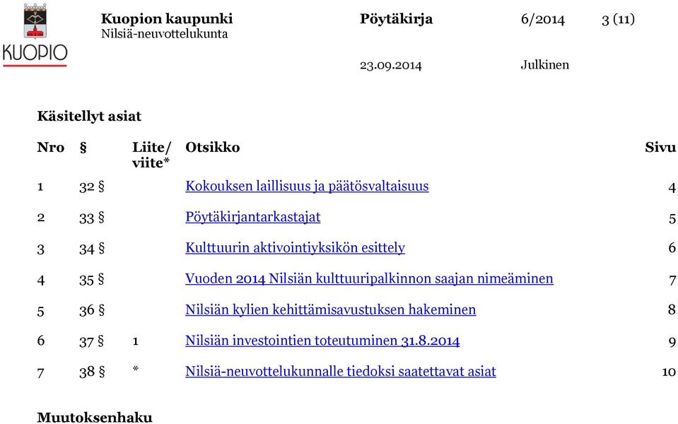 Vuoden 2014 Nilsiän kulttuuripalkinnon saajan nimeäminen 7 5 36 Nilsiän kylien kehittämisavustuksen hakeminen 8 6 37