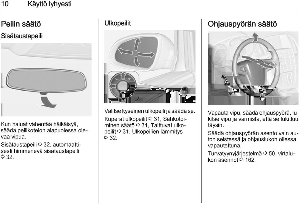 Kuperat ulkopeilit 3 31, Sähkötoiminen säätö 3 31, Taittuvat ulkopeilit 3 31, Ulkopeilien lämmitys 3 32.