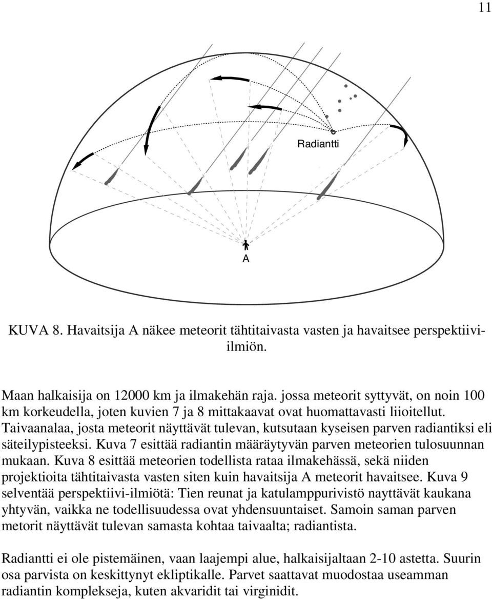Taivaanalaa, josta meteorit näyttävät tulevan, kutsutaan kyseisen parven radiantiksi eli säteilypisteeksi. Kuva 7 esittää radiantin määräytyvän parven meteorien tulosuunnan mukaan.