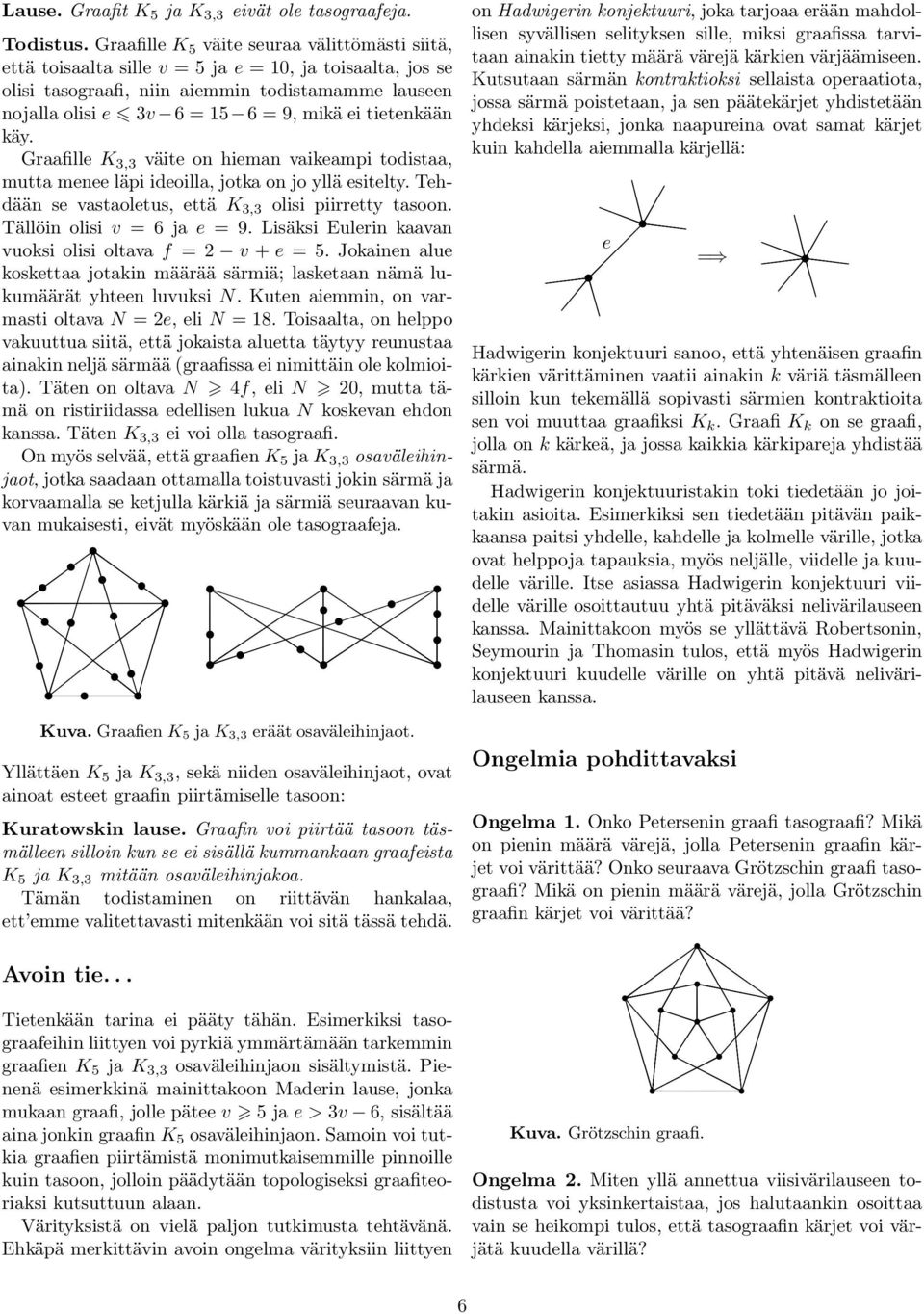 tietenkään käy. Graafille K 3,3 väite on hieman vaikeampi todistaa, mutta menee läpi ideoilla, jotka on jo yllä esitelty. Tehdään se vastaoletus, että K 3,3 olisi piirretty tasoon.